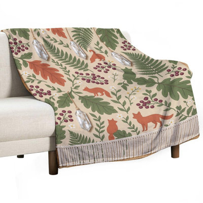 Botanical Leaves Ferns Berries Foxes Cats Hanging Luxury Flannel Throw Blanket, Soft Warm Fuzzy Blanket for Living Room Sofa Bed Home Decor