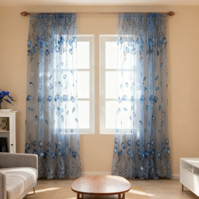 2 Panel Tulle Curtains, 100x200 cm Tulip Print Tulle Sheer Curtains, Rod Pocket, Living Room Bedroom Decor, Blue