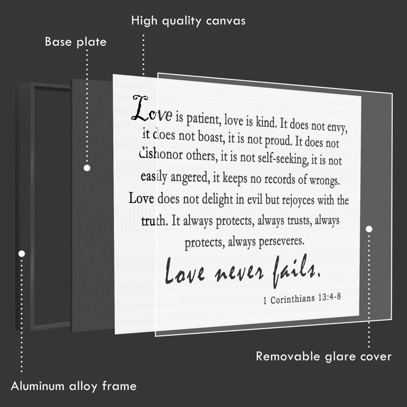«Love is patient», art textuel sur toile, Cadre noir, H 16 po x l 24 po x P 1,3 po