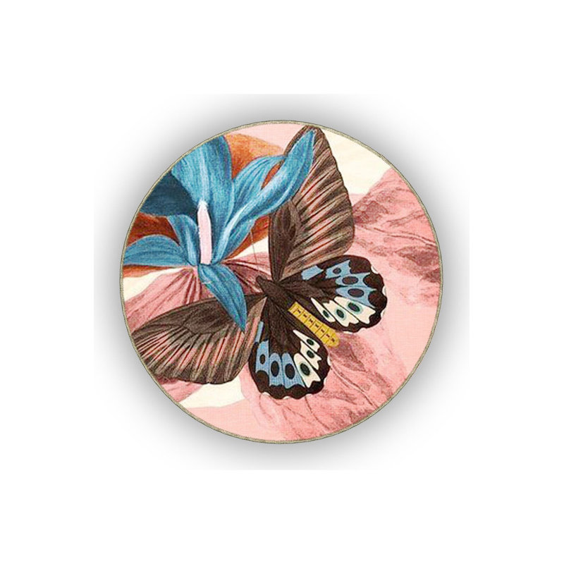 Tapis rose poudré multicolore à motif floral et papillon, Sous-tapis carré 3 pi 3 po inclus