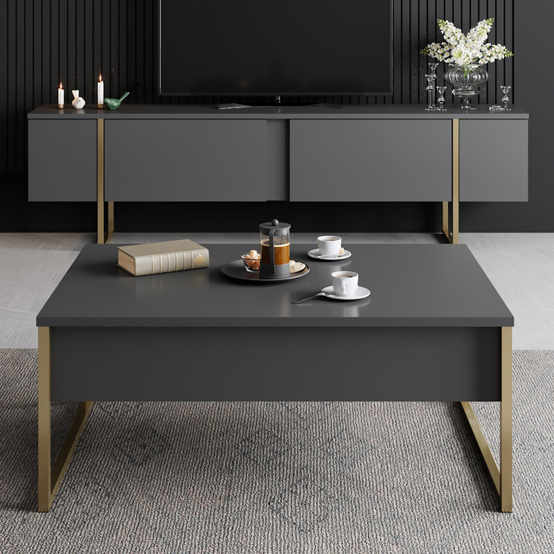 Modern Coffee Table with Metal Legs, Anthracite & Gold Finish, 35.4 x 23.6 x 15.7 inches | 100% Melamine Coated Particle Board, Durable & Stylish | Perfect for Living Room, Industrial & Contemporary Design