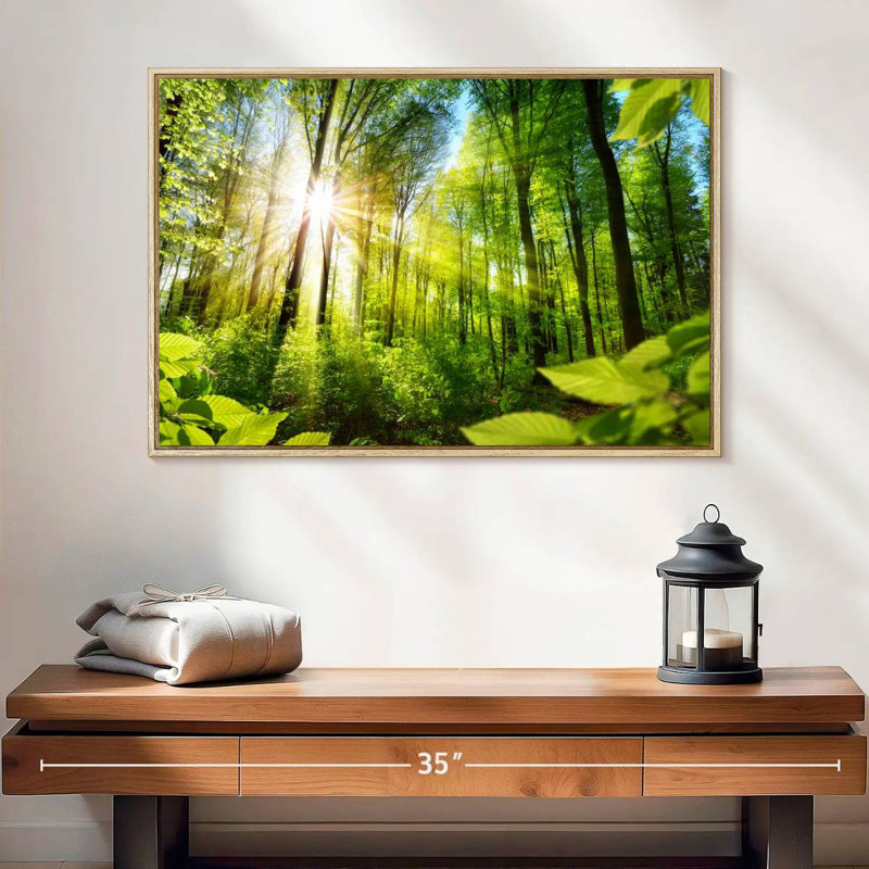 Forêt ensoleillée, 25 po x 17 po, Cadre flottant en bois naturel