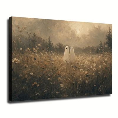 Deux adorables fantômes dans une prairie fleurie, peinture à l'huile vintage, art mural rustique sur toile pour l'Halloween, idéal pour une décoration de ferme.