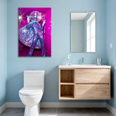 Fashion Disco Ball Head Glitter Suit Pink Background Sparkle Lights Peace Signs