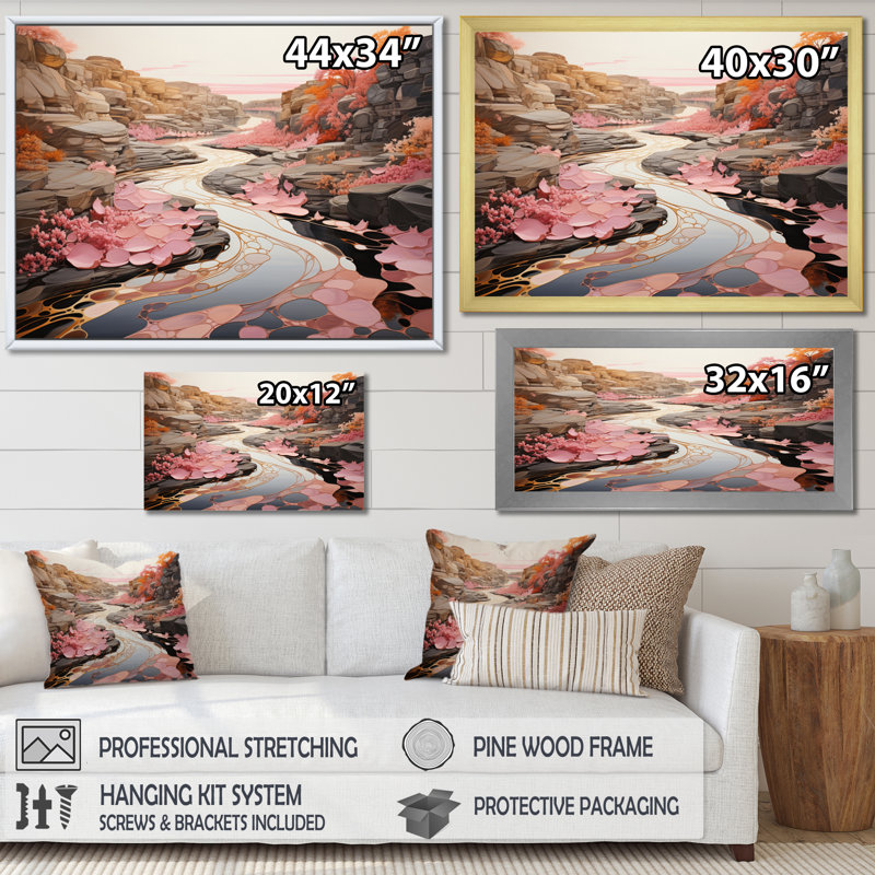 Impression sur toile encadrée rose, H 16 po x l 32 po x P 1 po, Cadre flottant brun