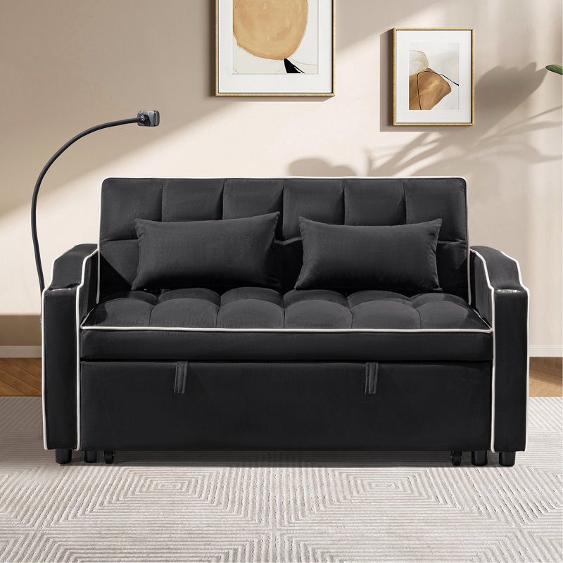 1 canapé-lit pliable multifonctionnel en 3 longueurs différentes, canapé moderne, tissu en suède amélioré, dossier réglable, avec port USB, cendrier et support de téléphone rotatif