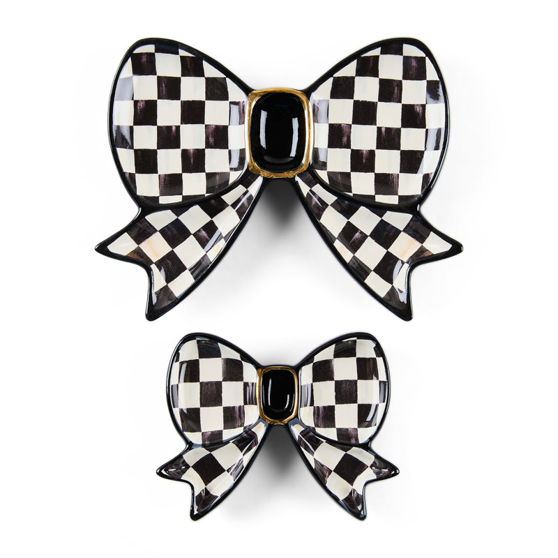 Rosy Check Bow Trinket Dishes, Set Of 2, 6" H x 6" W x 4.5" D, Black