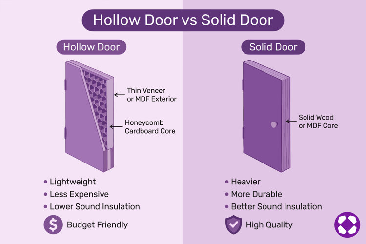 infographic with pros and cons of hollow door vs solid door, including weight, cost, and sound insulation