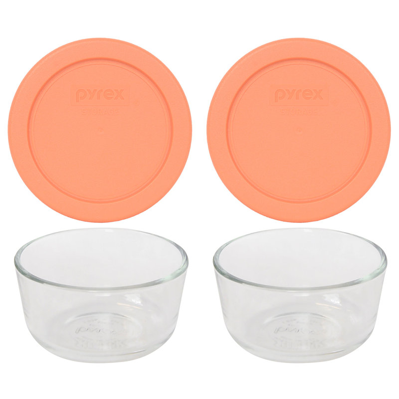 Pyrex (2) bols en verre 1 tasse et 2 (2) couvercles en verre, Bahama orange coucher de soleil