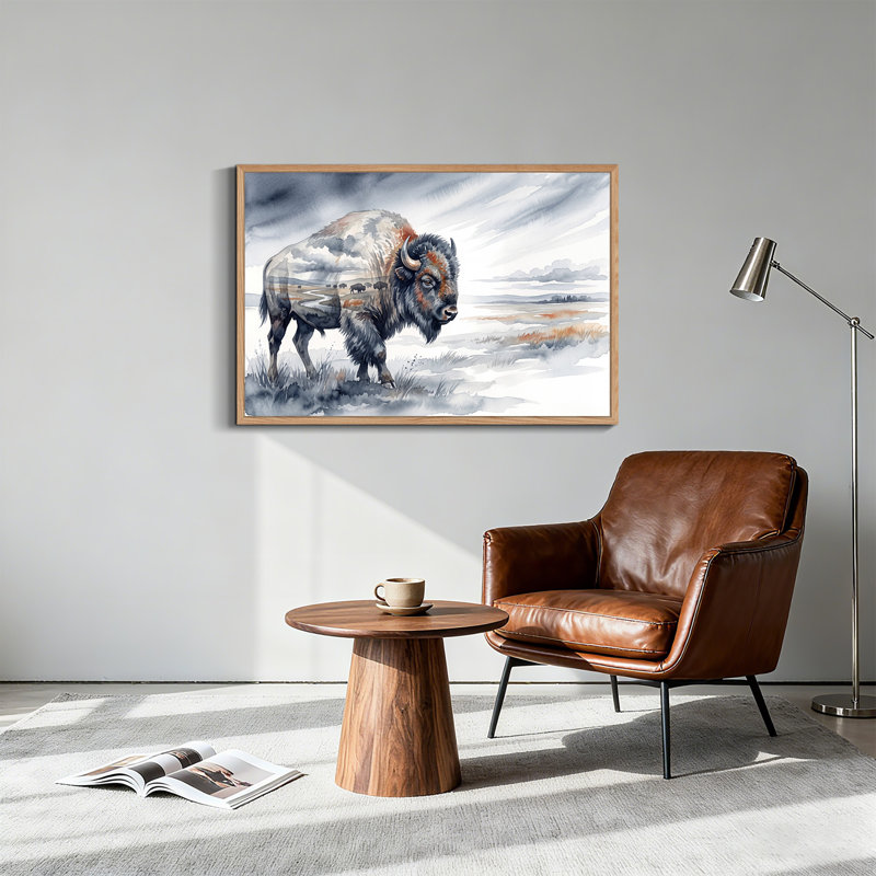 Rouille et gris, aquarelle, bison, double exposition, paysage sur toile, H 32 po x l 48 po