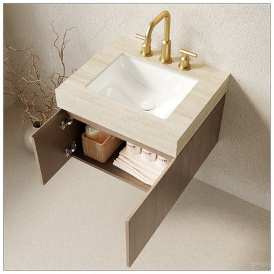 Meuble-lavabo de salle de bain 24 po MURI, armoire de rangement flottante en contreplaqué avec 2 portes, comptoir en pierre frittée Roma Travertine et lavabo en céramique avec 3 trous de robinet pré-percés, pré-assemblé, grain de bois Heidelberg