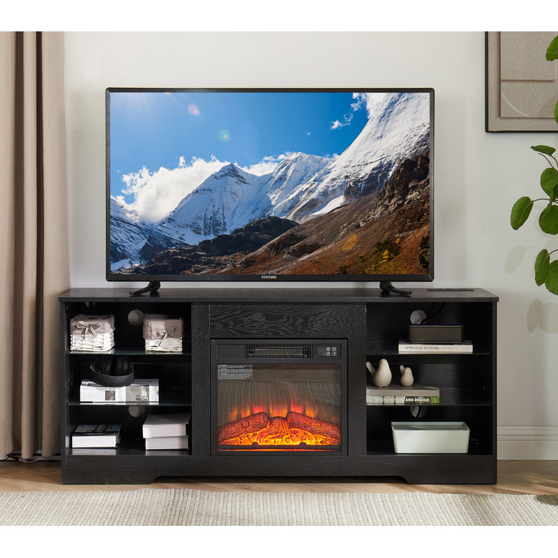 58"electric Fireplace Tv Stand With Led Lights & Usb Charging Outlets, 2-in-1 3d Fireplace Media Console With Glass Shelves, Cable Management For Tvs Up To 62"