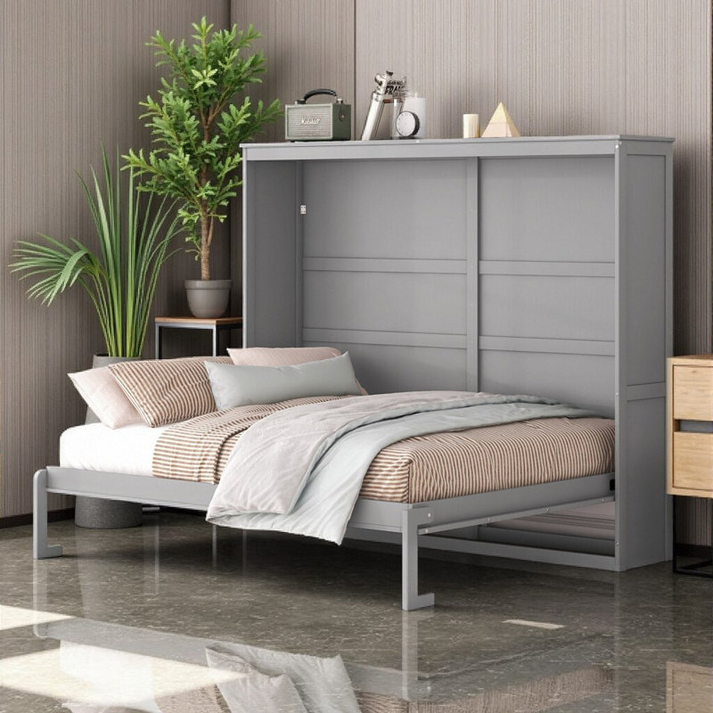 Friel Foldable Murphy Bed with Storage Cabinet & Wooden Frame, Gray, Queen