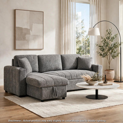 Sery Sleeper Sectional, Storage Chaise, 2 Accent Pillows, Gray Boucle