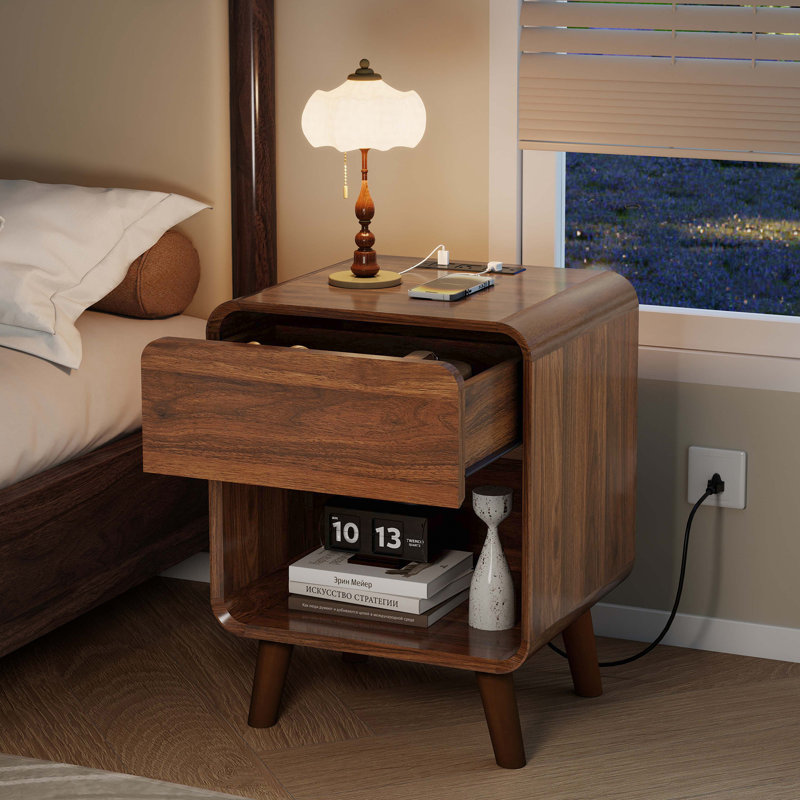 Angela Wood Nightstand  with Charging Station, Bed Side Table with Charging Station, Round Corner Wood Night Stand, 15.7"D x 17.7"W x 24"H