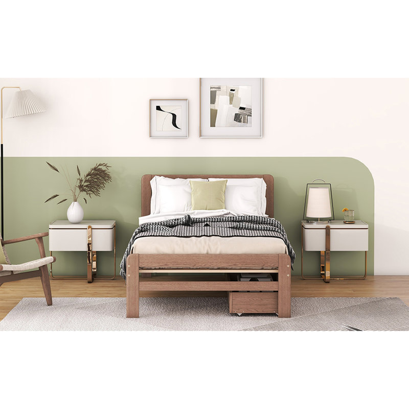 Lit simple avec rangement en noyer - Rehausse le style de la chambre à coucher à 2 tiroirs, Noyer