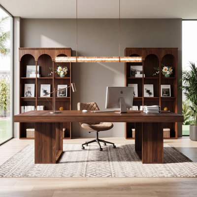 3-Piece Home Office Furniture Set, 95" Large Executive Desk and 71" Arched-Top Open Bookcases