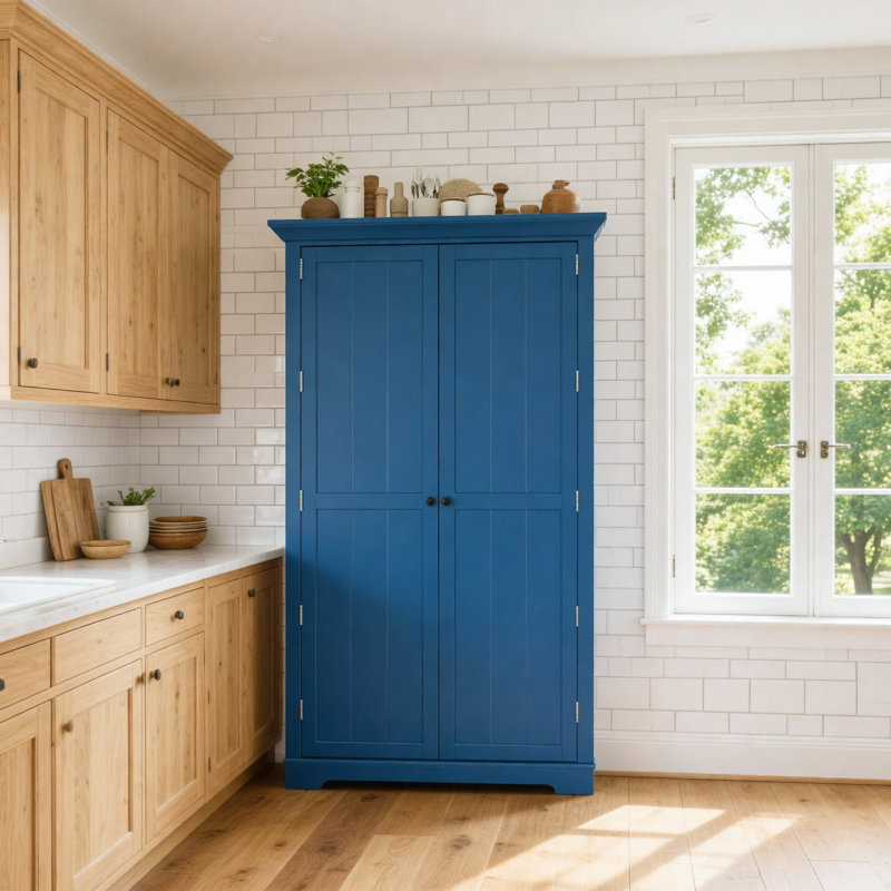 Garde-manger de style Shaker de 42 po x 20 po x 72 po avec tiroirs, armoire de rangement autoportante avec tablettes de porte, tablettes réglables et plateaux coulissants, bleu