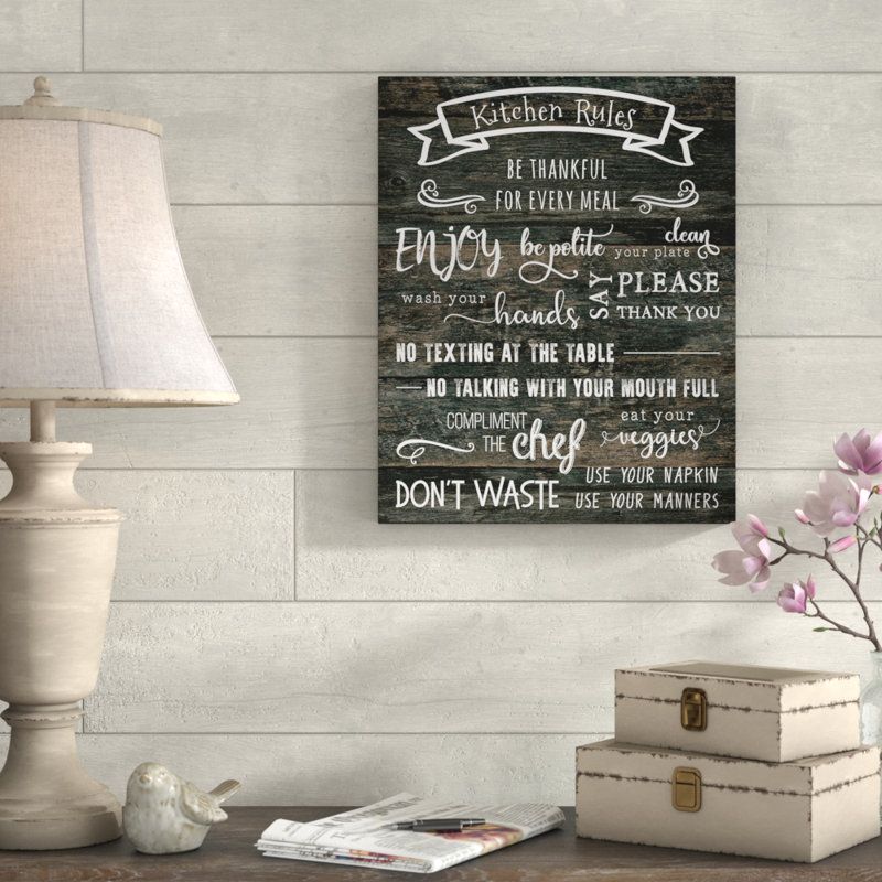 « cuisine rules », art textuel sur toile tendue, H 24 po x l 32 po x P 1,5 po