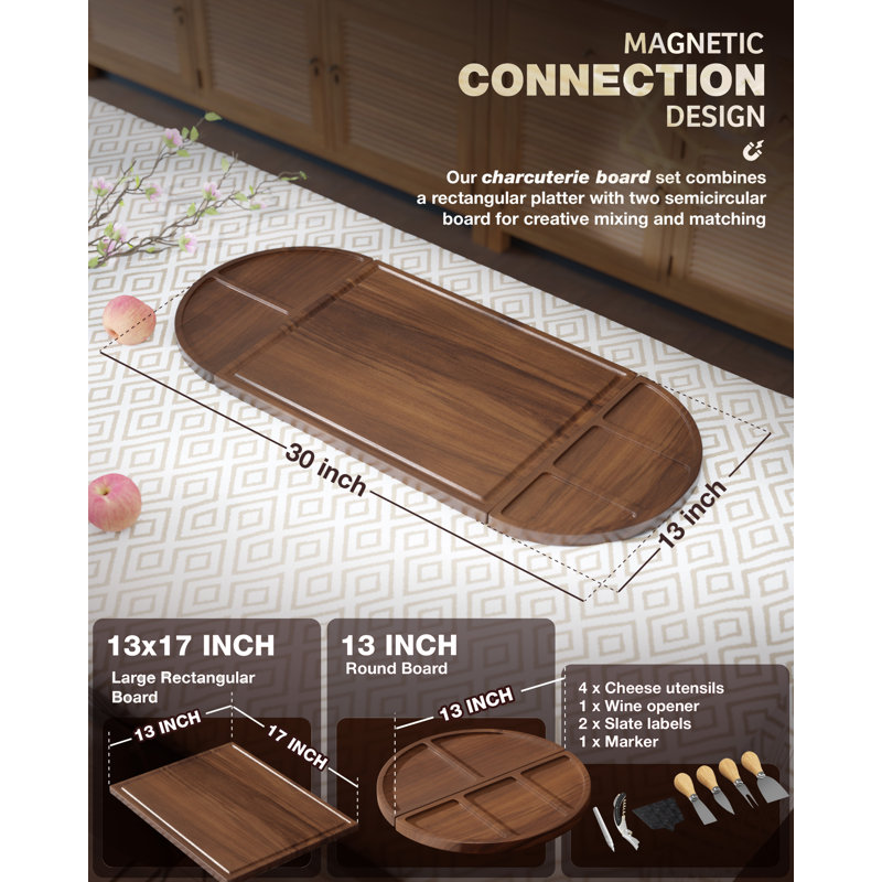 Très grande planche à charcuterie, ensemble de planches à fromage 30 po x 13 po Acacia | Trois planches magnétiques longues et rondes créent un plateau de service flexible avec couteaux, ouvre-bouteille et marqueurs de fromage