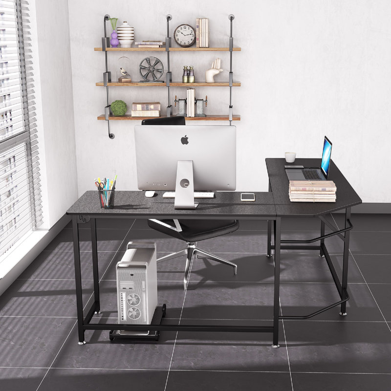 L-Shaped Metal Base Writing Desk, Black