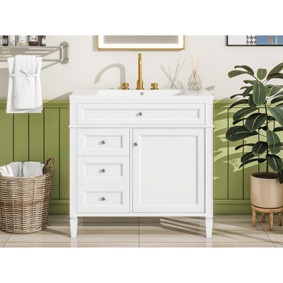 Meuble-lavabo de 36 po avec lavabo supérieur, meuble-lavabo moderne avec 2 tiroirs et tiroir escamotable, meuble-lavabo simple