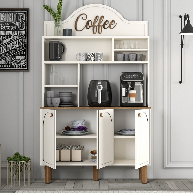 Modern Coffee Bar Cabinet, Cream Color, 47.2 x 79.9 x 13.8 inches | 100% Melamine Coated Particle Board, Thickness: 0.7 inches | Numerous Shelves, Wall-Mountable, Stylish Storage Solution for Home & Entertaining
