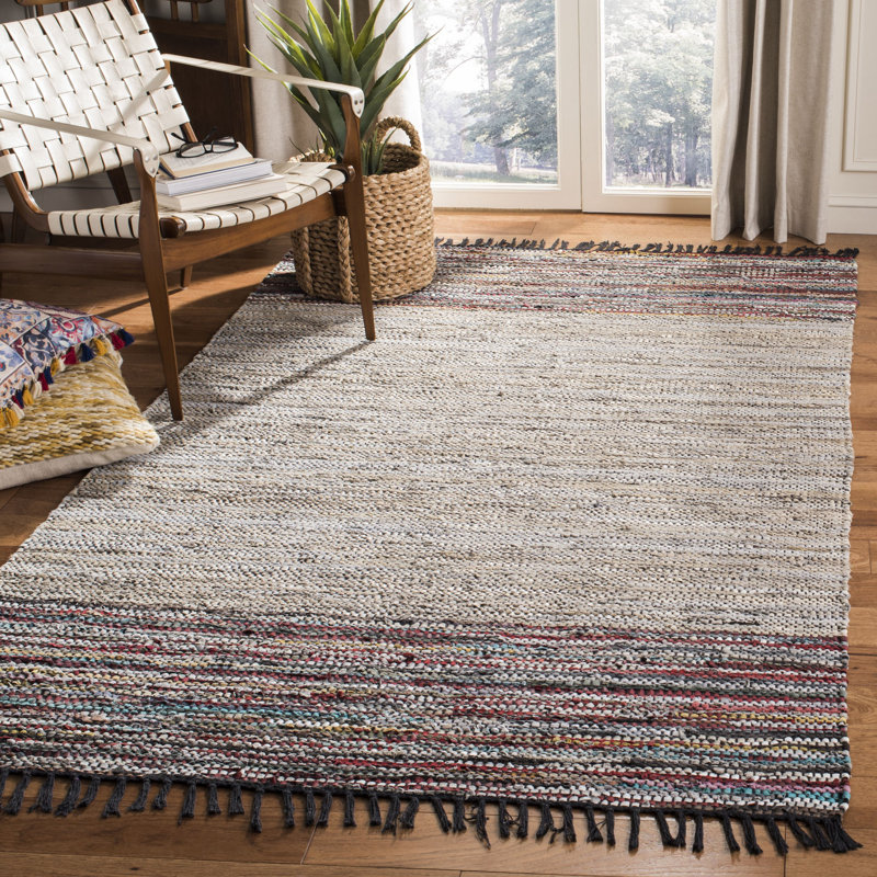 Masi Vintage Leather Hand Woven Leather And Cotton Striped Rug, Rectangle 5' x 8'