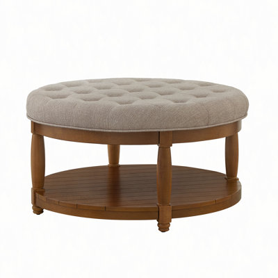 Large Round Upholstered Tufted Linen Ottoman Coffee Table, Large Footrest Ottoman with Wood Shelf Storage