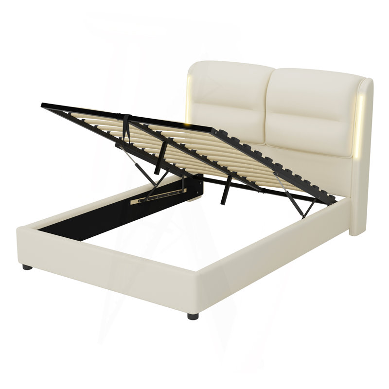Grand lit plateforme tapissier hydraulique avec rangement et lumières à DEL, Crème, crème