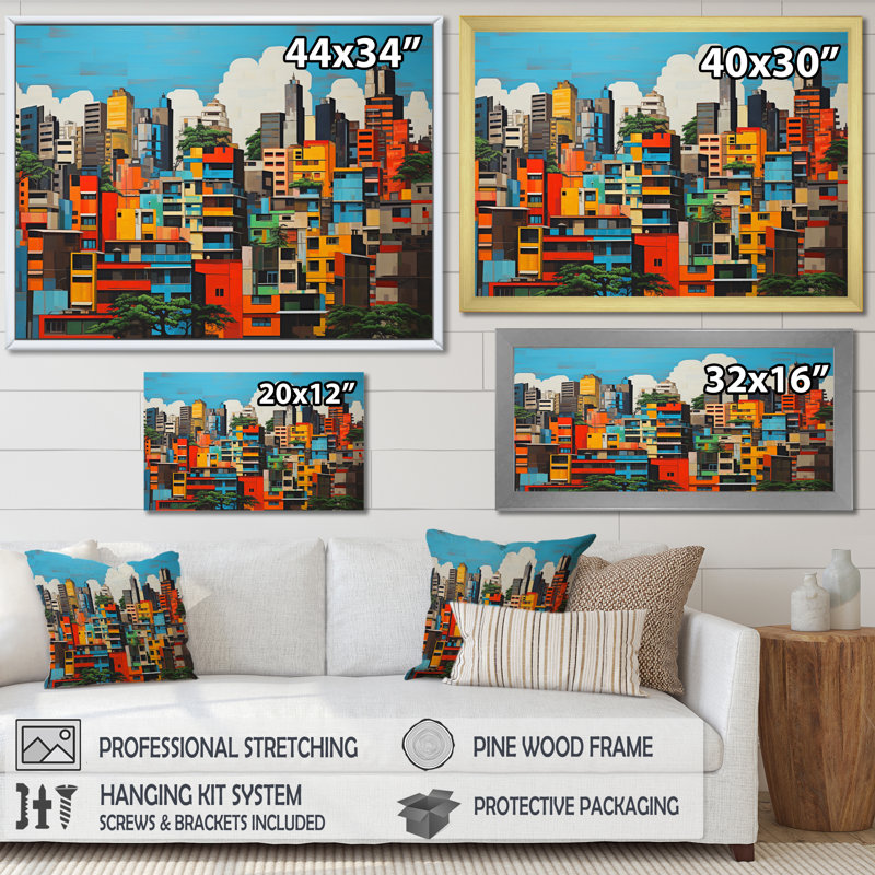 Pop Art Mumbai Cityscape II - Cityscapes Wall Art Prints, Cadre doré à une seule photo, H 16 po x l 32 po x P 1 po