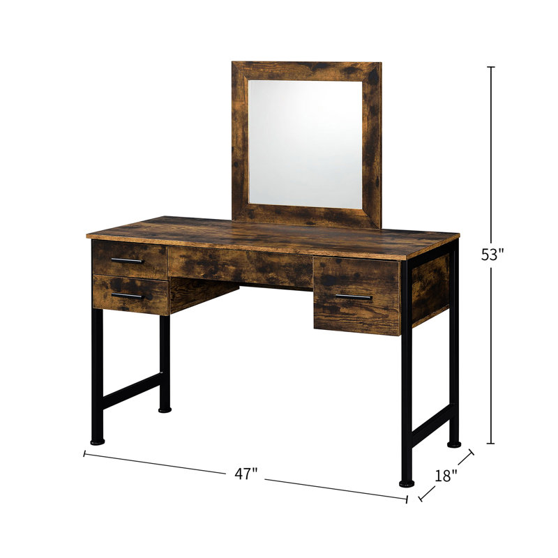 Meuble-lavabo à 4 tiroirs, conception en chêne rustique et en métal noir, miroir L 18 po x H 18 po, panneau de particules principal, rangement pour meuble-lavabo, métal, rangement pour les articles de maquillage