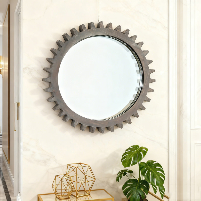 34'' x 34'' Wood Round Hanging Gear Shape Heavy Decorative Mirror, 33.86" x 33.86", Dark Brown