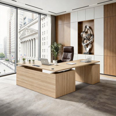 71.02" W Electric Height Adjustable L-Shaped Executive Standing Desk, Sit Stand Corner Computer Desk with Dual Drawer Cabinet Base, Home Office Workst