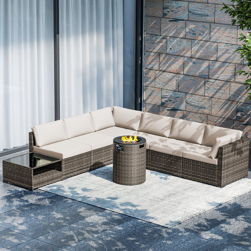 Sectional Seating Group With Fire Pit, Beige