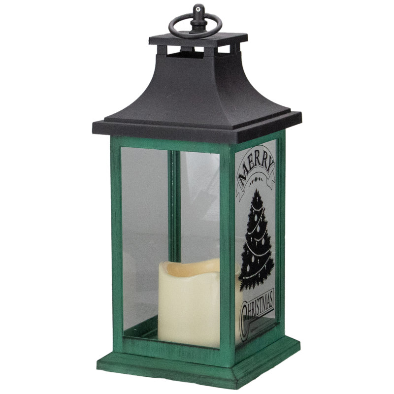 Lanterne de table 12 po à DEL verte et noire avec arbre de Noël