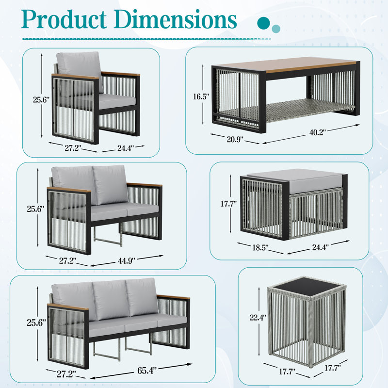 Ensemble de conversation pour patio 7 places avec coussins, Gris