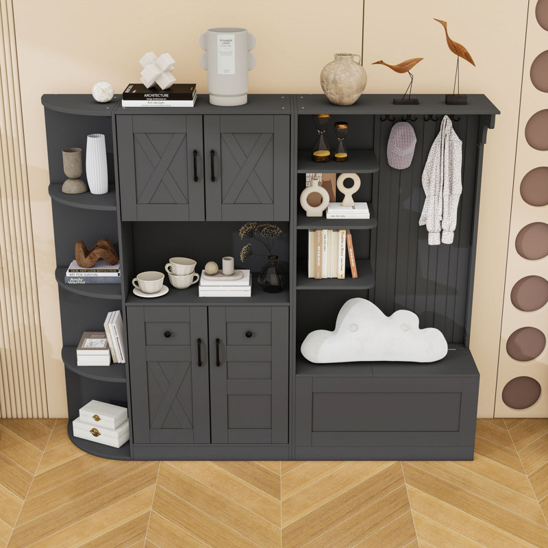 Hall Cabinet with Shelves and 4 Hooks, Black
