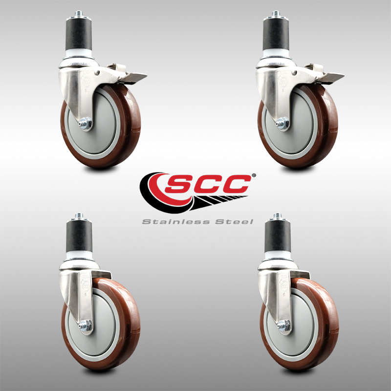 Ensemble de roulettes à tige pivotantes en polyuréthane marron de 5 pouces 316SS 1-7 / 8 pouces