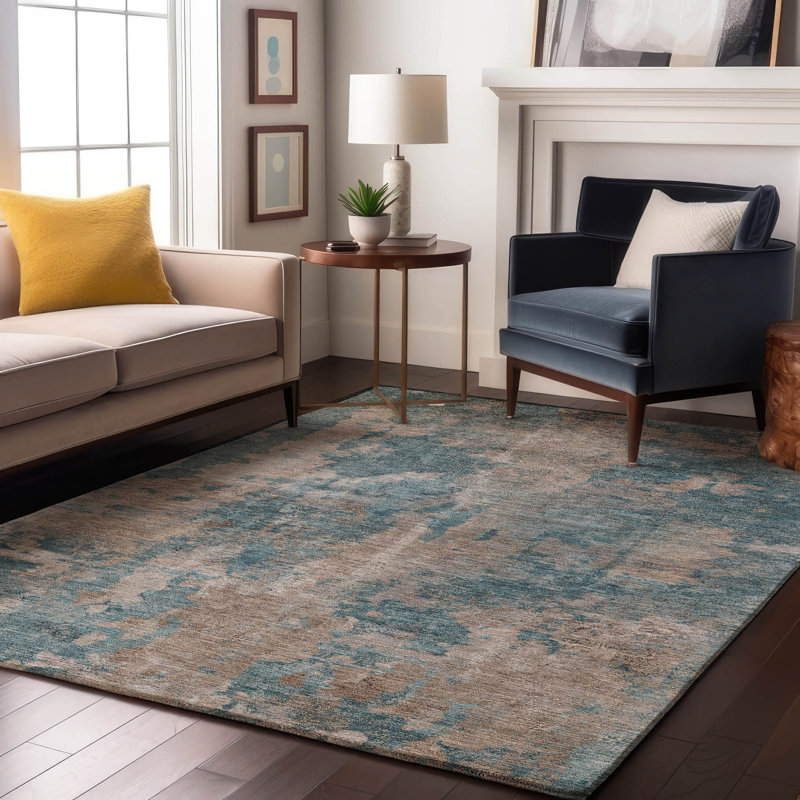 Teal and Beige Rectangular Washable Synthetic Rug, 3' x 5'