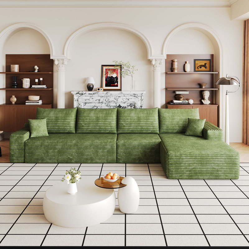 Canapé modulaire Cloud avec méridienne en L, conception modulaire et tissu velours côtelé moelleux, Velours côtelé vert