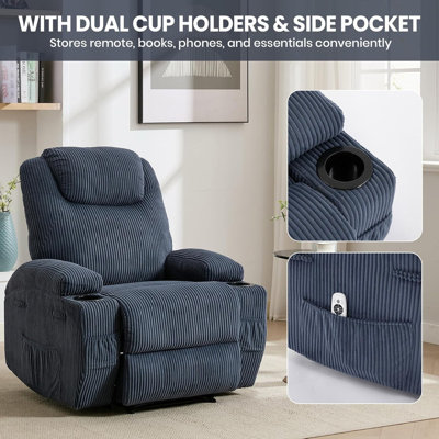Fauteuil inclinable électrique, fauteuil inclinable électrique en velours côtelé avec 2 poches latérales, installation sans outil