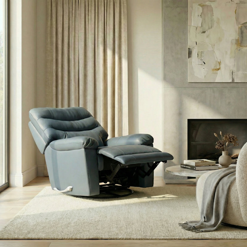 Norivelle Sapphire Top Grain Leather Swivel Glider Recliner With Manual Footrest, Blue Top Grain Leather