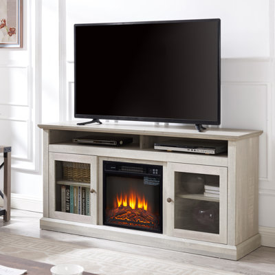 Meuble télé contemporain avec meuble télé avec foyer encastrable 18 po pour téléviseur de 65 po ou moins avec espace de rangement ouvert et fermé, gris pierre, l 60 po x P 15,75 po x H 29 po