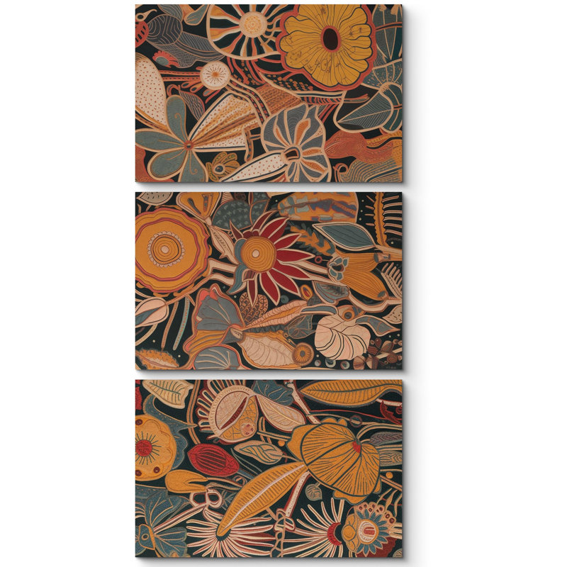"Fleurs abstraites rustiques" 3 pièces, H 24 po x l 36 po, Toile tendue
