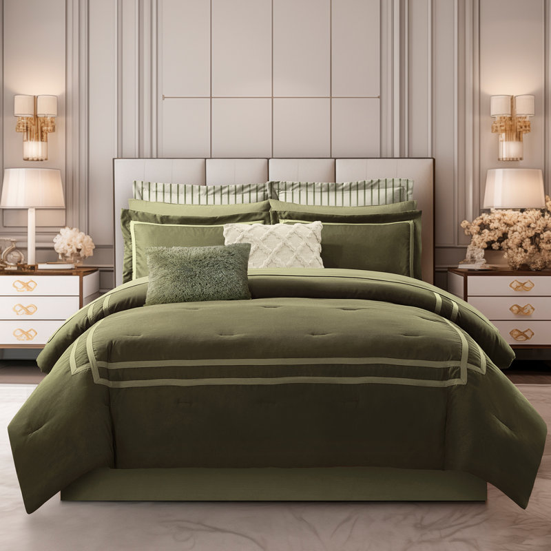 Wonderful Hotel Flannel Comforter Bedding Set, King Comforter + 7 Additional Pieces, Army Green