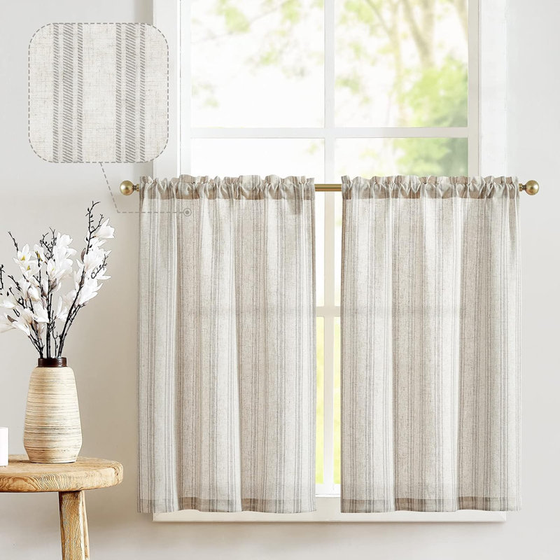 Kitchen Curtains Striped Tier Cafe Curtains Farmhouse Small Curtains, 26" W x 36" L, Taupe Grey on Beige
