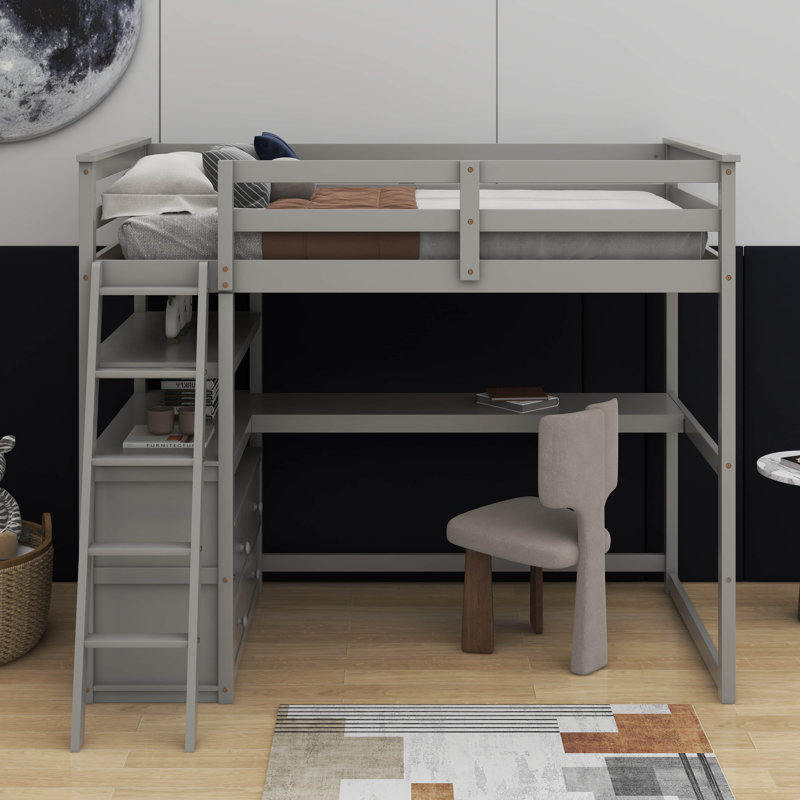Lit mezzanine simple avec bureau et tablettes, Gris