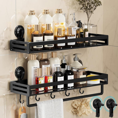 Suction Cup Shower Caddy with 5 Hooks & Towel Rrack Black No Drilling Shower Organizer with Large Capacity, Rust-resistant Bathroom Organizer (2-Pack)