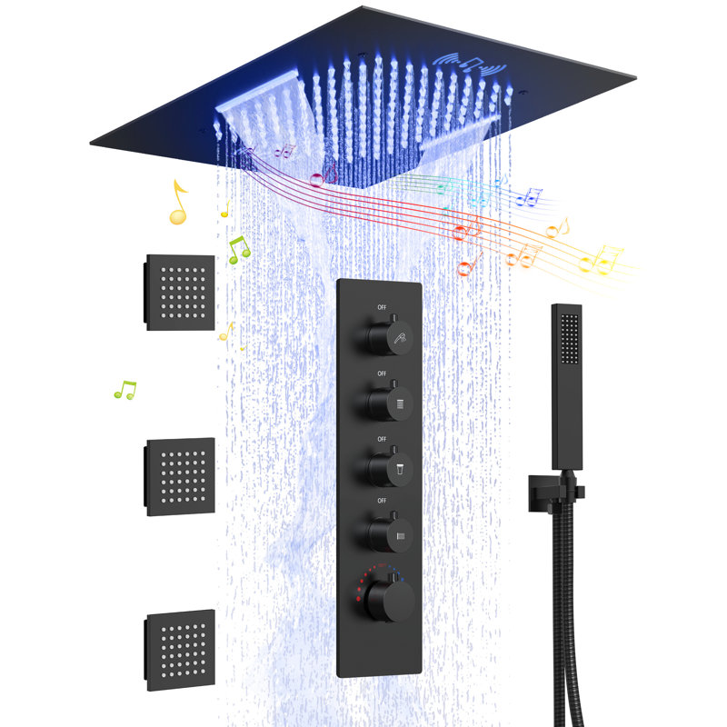 20" Ceiling-Mount LED Rainfall Shower System with Bluetooth Music, Handheld Sprayer & Thermostatic Valve, Matte Black